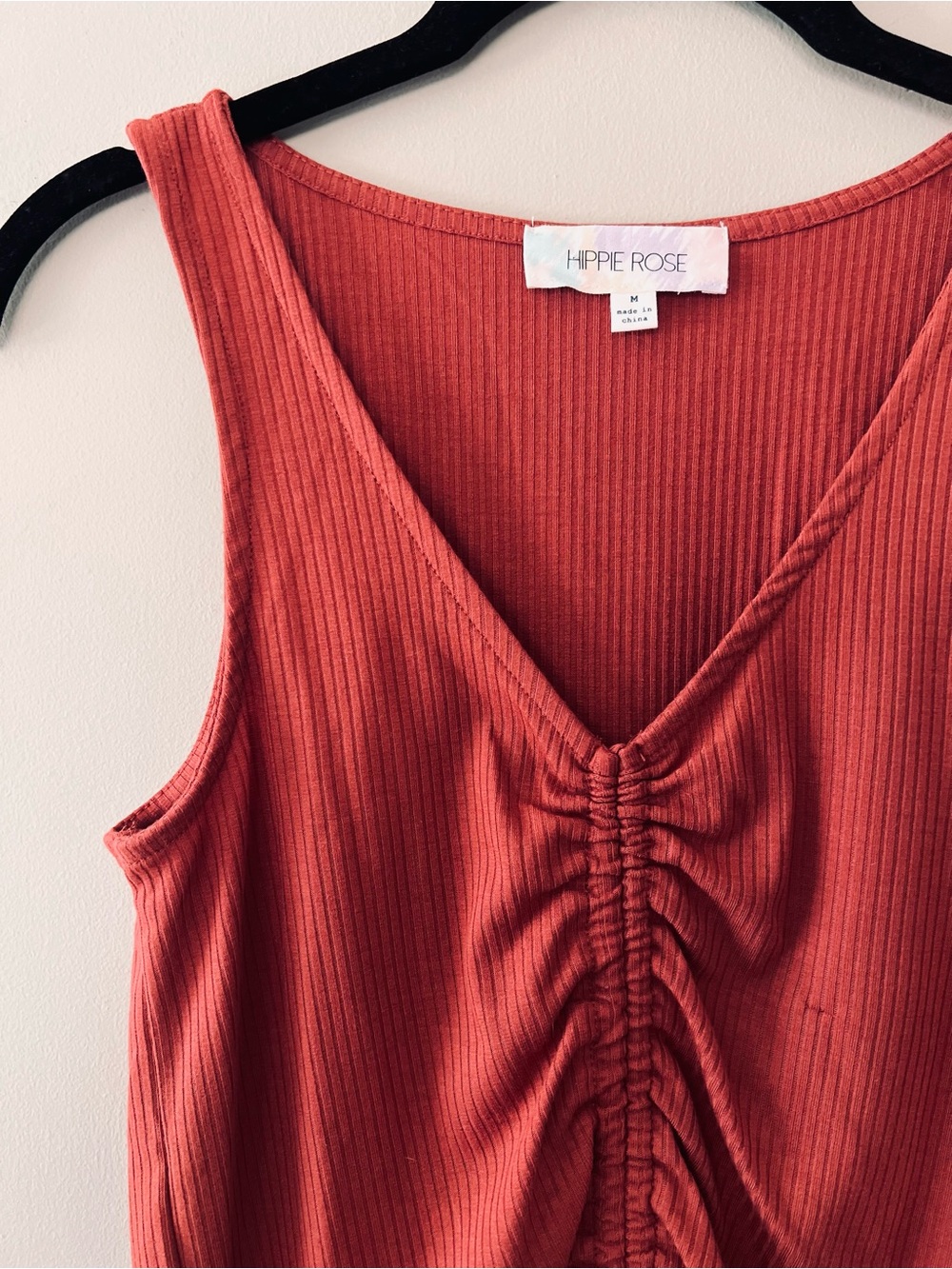Hippie Rose rust or burnt orange tank top ruched drawstring v neck medium M